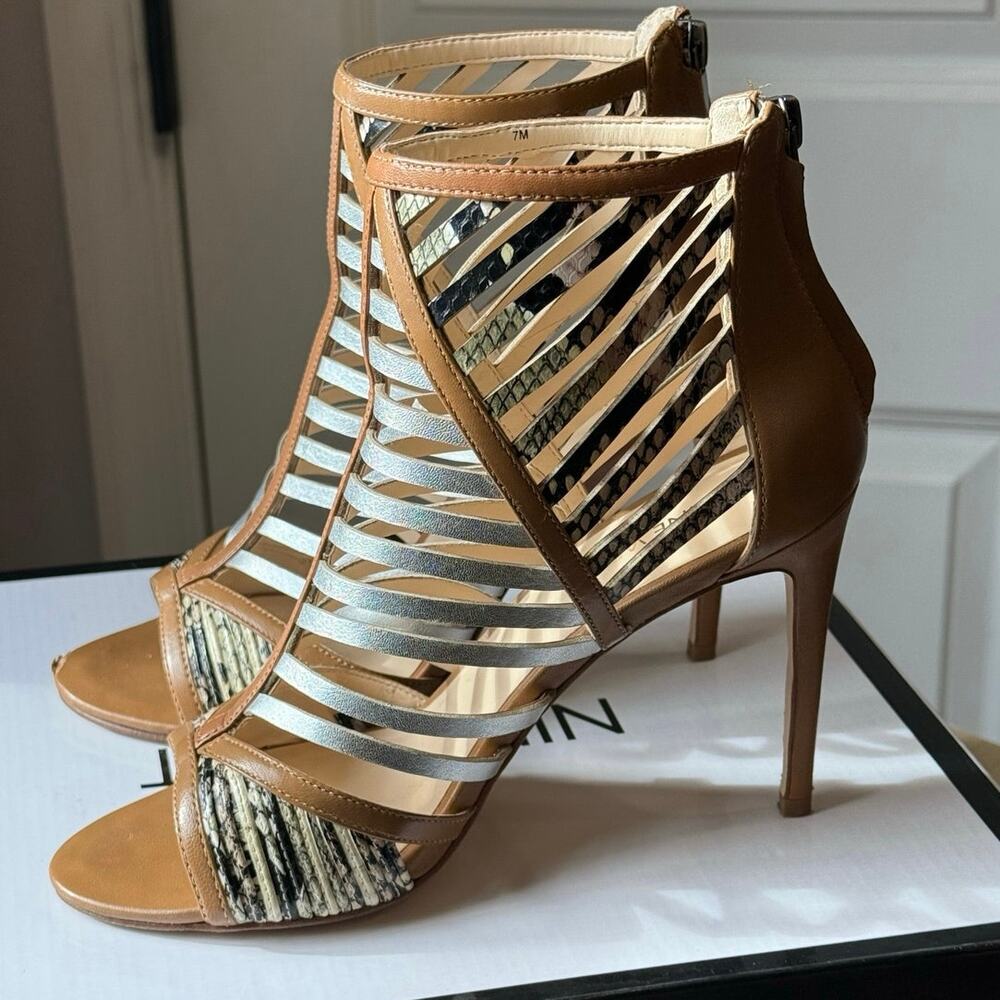 Nine West SZ 7 in Box Tan Leather 4" STILLETO Heel PEEP TOE Snakeskin Metallic